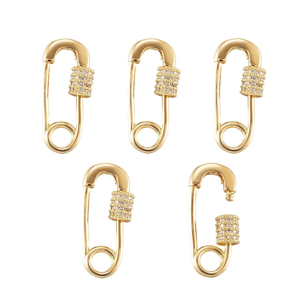 5491 5Pcs Brass Cubic Zirconia Screw Carabiner Lock Charms Safety Pin